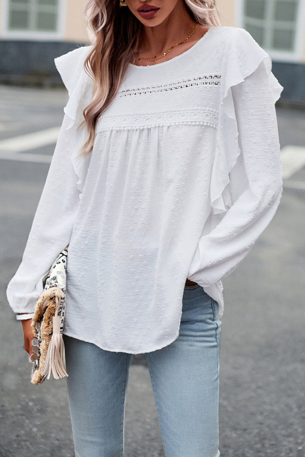Swiss Dot Ruffle Long Sleeves Top 