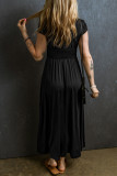 Black Short Sleeve Shirred High Waist V Neck Maxi Dress
