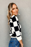 Black Two Tone Checkered Bubble Sleeve Knit Top