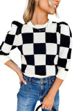 Black Two Tone Checkered Bubble Sleeve Knit Top