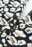 Black V Neck Baggy Sleeve Waist Tie Double Layer Ruffle Hem Leopard Print Dress