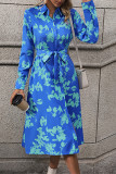 Blue Floral Print Shirt Dress With Sash