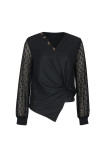 Black V Neck Buttoned Lace Sleeves Top