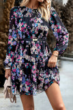 Black Floral Smocked Round Neck Ruffle Tiered Dress