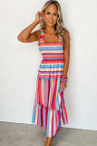 Red Stripe Ruffled Straps Smocked Tiered Long Dress