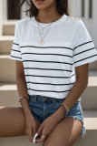 White Stripe Arm Buttoned Short Sleeves Top