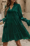 Green V Neck Splicing Ruffle Velvet Dress 