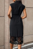 Black Lace Patchwork Midi Shirt Dress