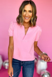 Pink Collared V Neck Puff Sleeve T-shirt