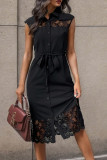 Black Lace Patchwork Midi Shirt Dress
