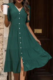 Green V Neck Buttoned Ruffles Midi Dress