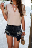 Plain V Neck Pin-Tucked Lace Sleeves Top