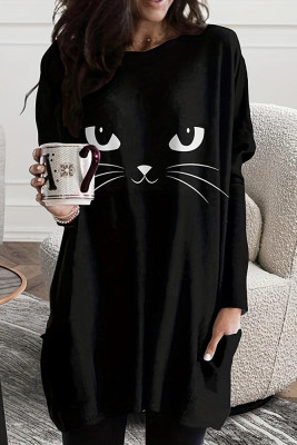 Cat Print Black Dress 