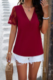 Plain V Neck Pin-Tucked Lace Sleeves Top