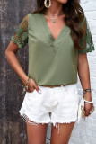 Plain V Neck Pin-Tucked Lace Sleeves Top