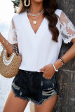 Plain V Neck Pin-Tucked Lace Sleeves Top