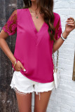 Plain V Neck Pin-Tucked Lace Sleeves Top