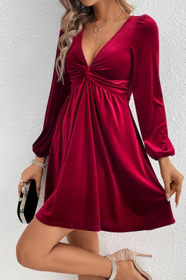 V Neck Twist Knot Velvet Dress 