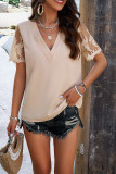 Plain V Neck Pin-Tucked Lace Sleeves Top