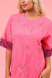 Pink Heart Sequin Hem Short Sleeves Top