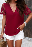 Plain V Neck Pin-Tucked Lace Sleeves Top