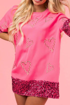 Pink Heart Sequin Hem Short Sleeves Top