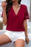 Plain V Neck Pin-Tucked Lace Sleeves Top