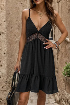 Black Plunge Lace Splicing Jacquard Spot Mini Cami Dress