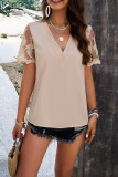 Plain V Neck Pin-Tucked Lace Sleeves Top