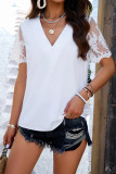 Plain V Neck Pin-Tucked Lace Sleeves Top