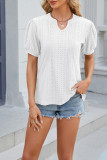 Plain Eyelet Pattern V Neck Puff Top