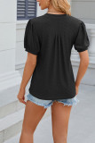 Plain Eyelet Pattern V Neck Puff Top