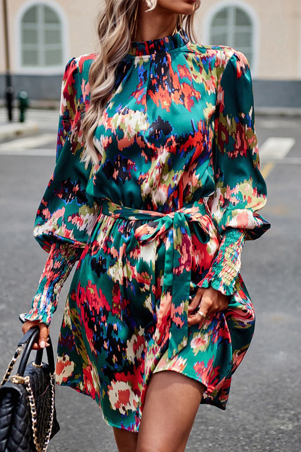 Ditsy Floral Slit Hem Gigot Sleeve Shirred Waist Dress