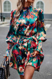 Green Abstract Print Frilled Neck Gigot Sleeve Dress with Waist Tie