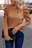 Chestnut Solid Color Textured Buttoned Gigot Sleeve Top
