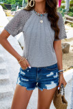 Plain Pin-Tuck Jacquard Lace Sleeves Top