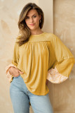 Beige Floral Colorblock Balloon Sleeve Exposed Seam Blouse