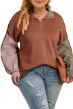 Gold Flame Plus Size Colorblock Exposed Seam Quarter Zip Sweatshirt