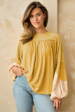Beige Floral Colorblock Balloon Sleeve Exposed Seam Blouse