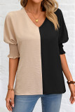Colorblock V Neck Puff Sleeves Top 