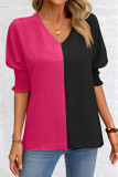 Colorblock V Neck Puff Sleeves Top 