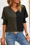 Colorblock V Neck Puff Sleeves Top 