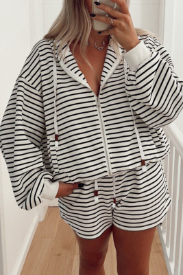 White Printed Striped Zip Up Hoodie and Shorts Outfit