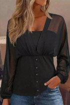 Black Fake Two Pieces Sheer Sleeves Blouse