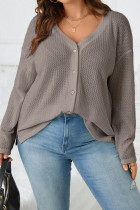 Simply Taupe Waffle Knit Drop Shoulder Button V Neck Plus Size Top