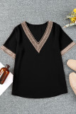 Black Lace Trim Short Sleeve V Neck Plus Size Top