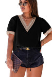 Black Lace Trim Short Sleeve V Neck Plus Size Top