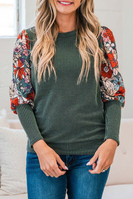 Blackish Green Contrast Floral Sleeve Striped Crew Neck Top