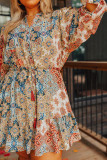 Brown Plus Size Vintage Floral Print Drawstring Waist Mini Dress