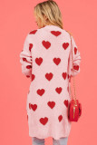 Light Pink Valentine's Day Heart Pattern Ribbed Trim Open Front Cardigan